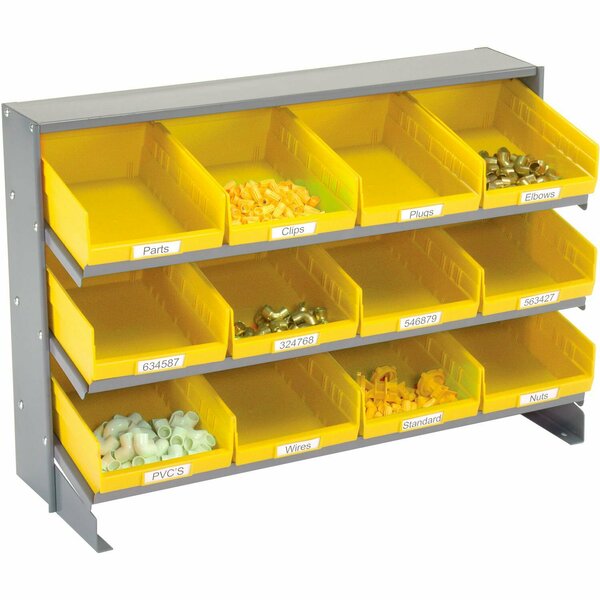 Global Industrial 3 Shelf Bench Pick Rack, 12 Yellow Plastic Shelf Bins 8 Inch Wide 33x12x21 603423YL